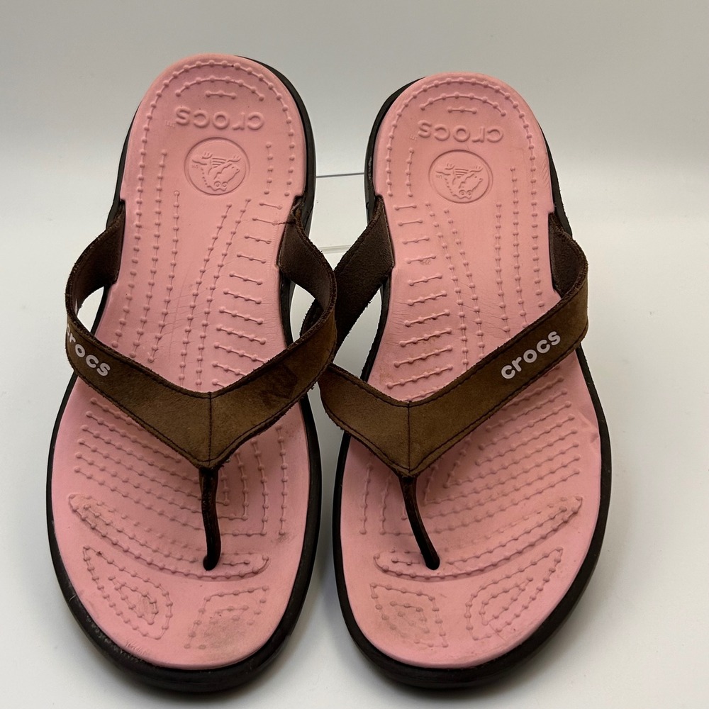Crocs Capri IV Flip Flop Women 10 Brown Pink Suede Leather Strap 11211 Gorpcore - Picture 4 of 5